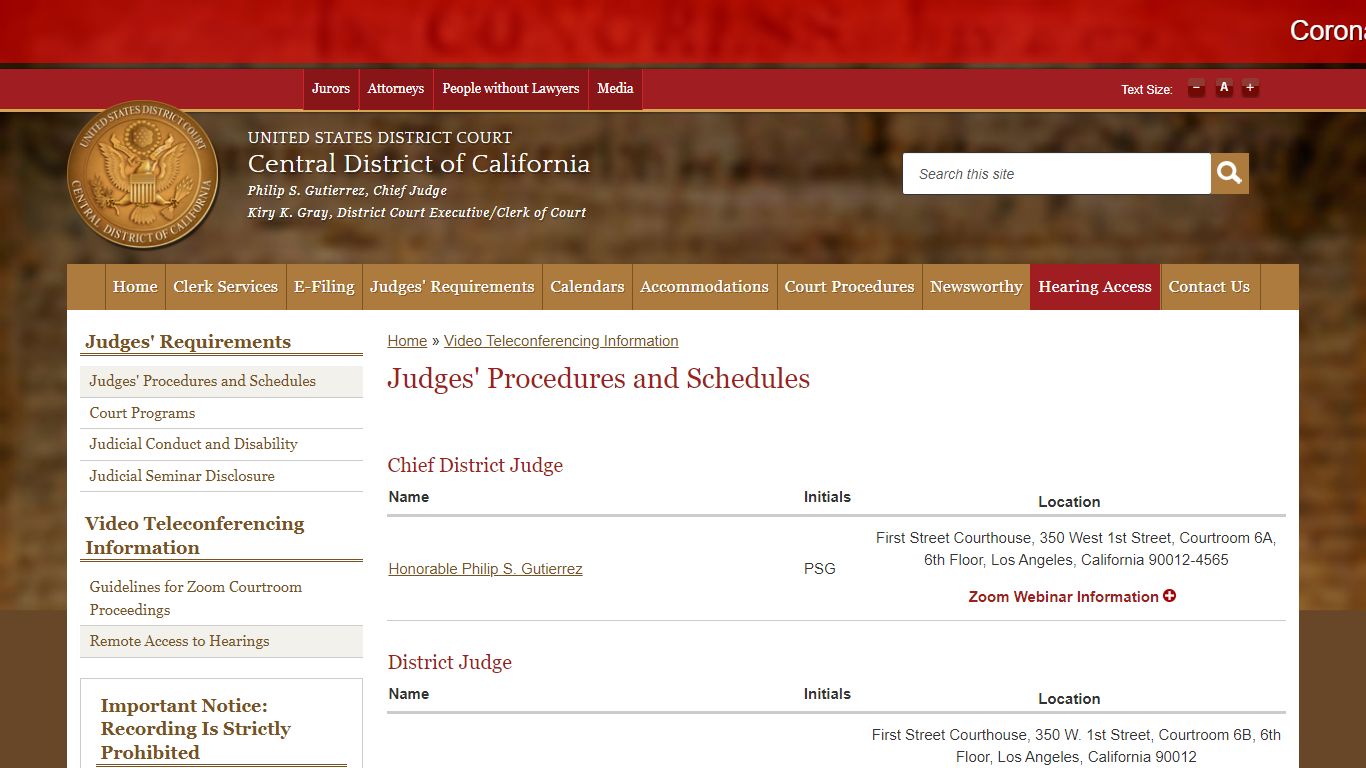 Judges' Procedures and Schedules - United States District Court